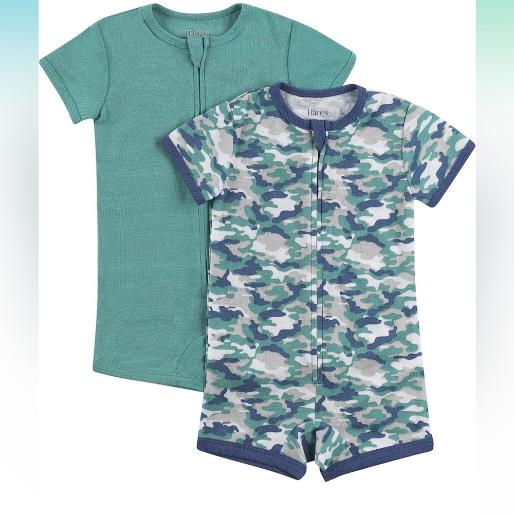 2 Hanes short sleeve rompers. 4 way stretch. (0-6M) Green/Camo